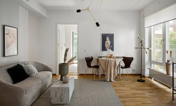 A cozy living room featuring a couch, a table, and chairs arranged for relaxation and socializing.